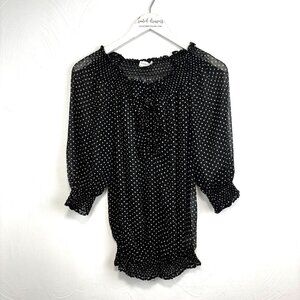 Motherhood Maternity Blouse Polka Dot Black Cute Ruffle Pullover Stretch Sheer S